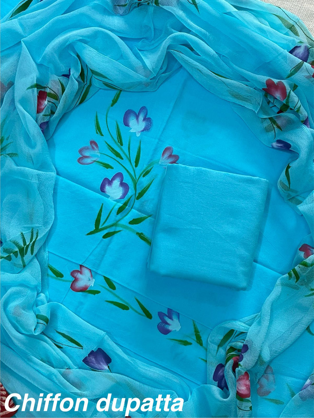 Pure Cotton Hand Block Print Unstitched Suit With Chiffon Dupatta.