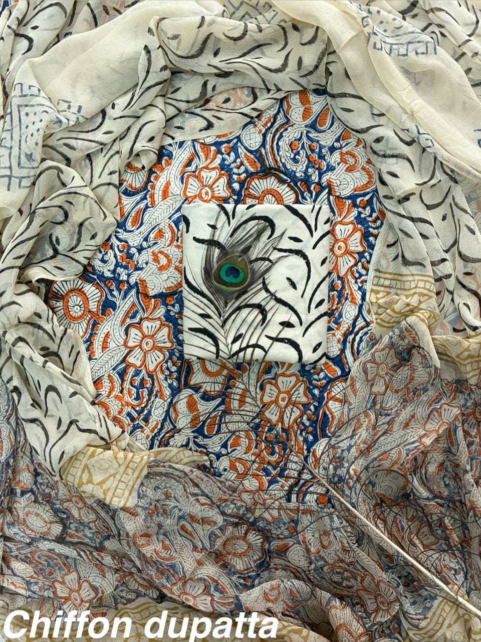 Pure Cotton Hand Block Print Unstitched Suit With Chiffon Dupatta.