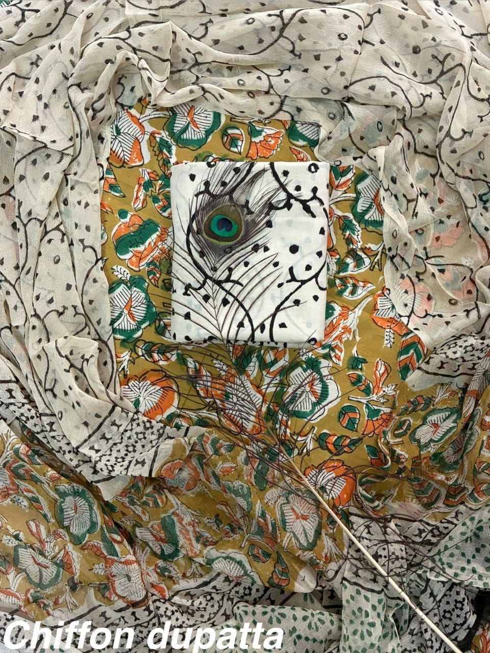 Pure Cotton Hand Block Print Unstitched Suit With Chiffon Dupatta.