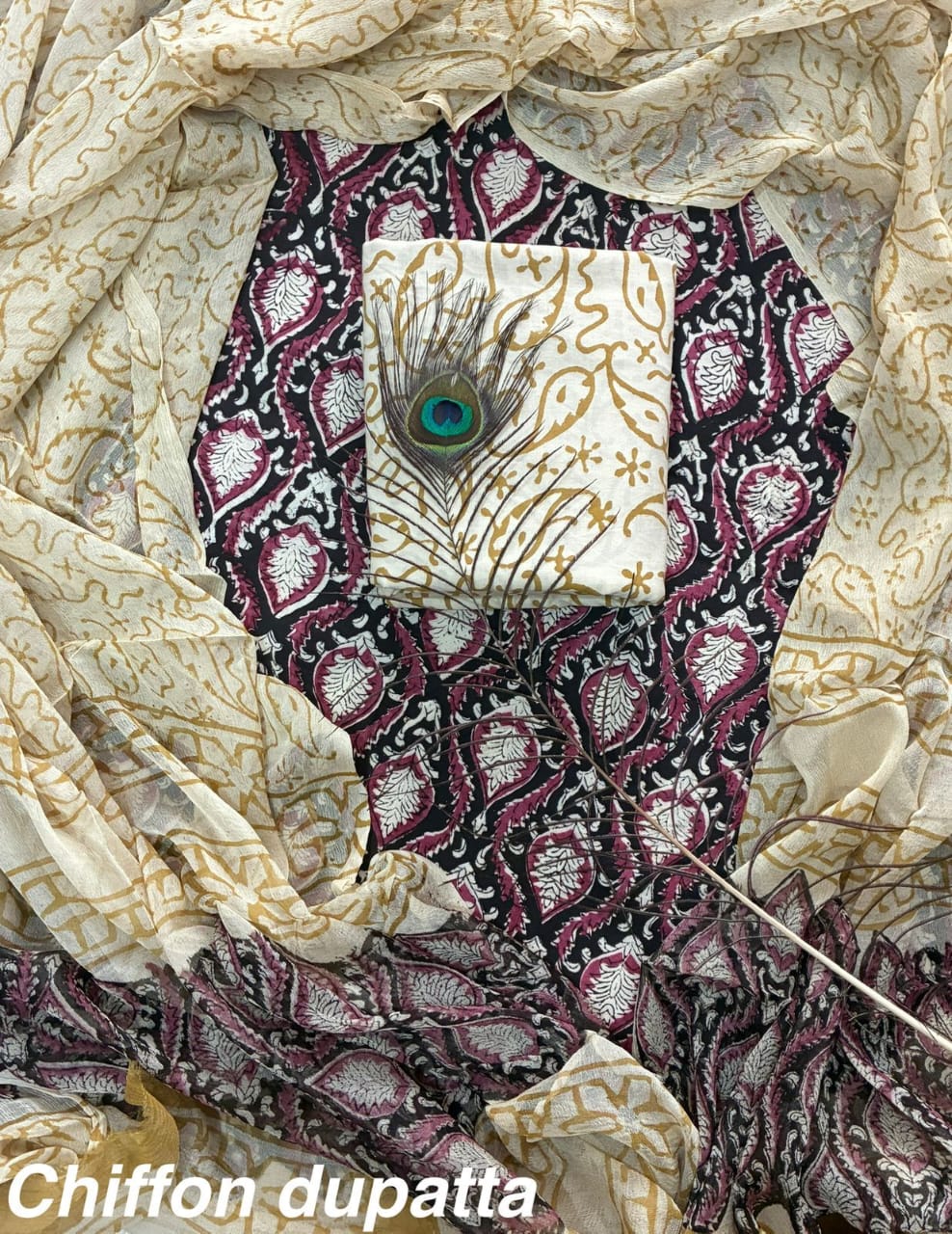 Pure Cotton Hand Block Print Unstitched Suit With Chiffon Dupatta.