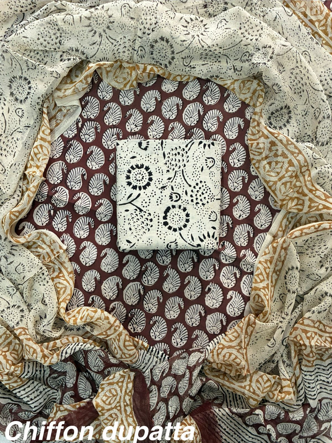 Pure Cotton Hand Block Print Unstitched Suit With Chiffon Dupatta.
