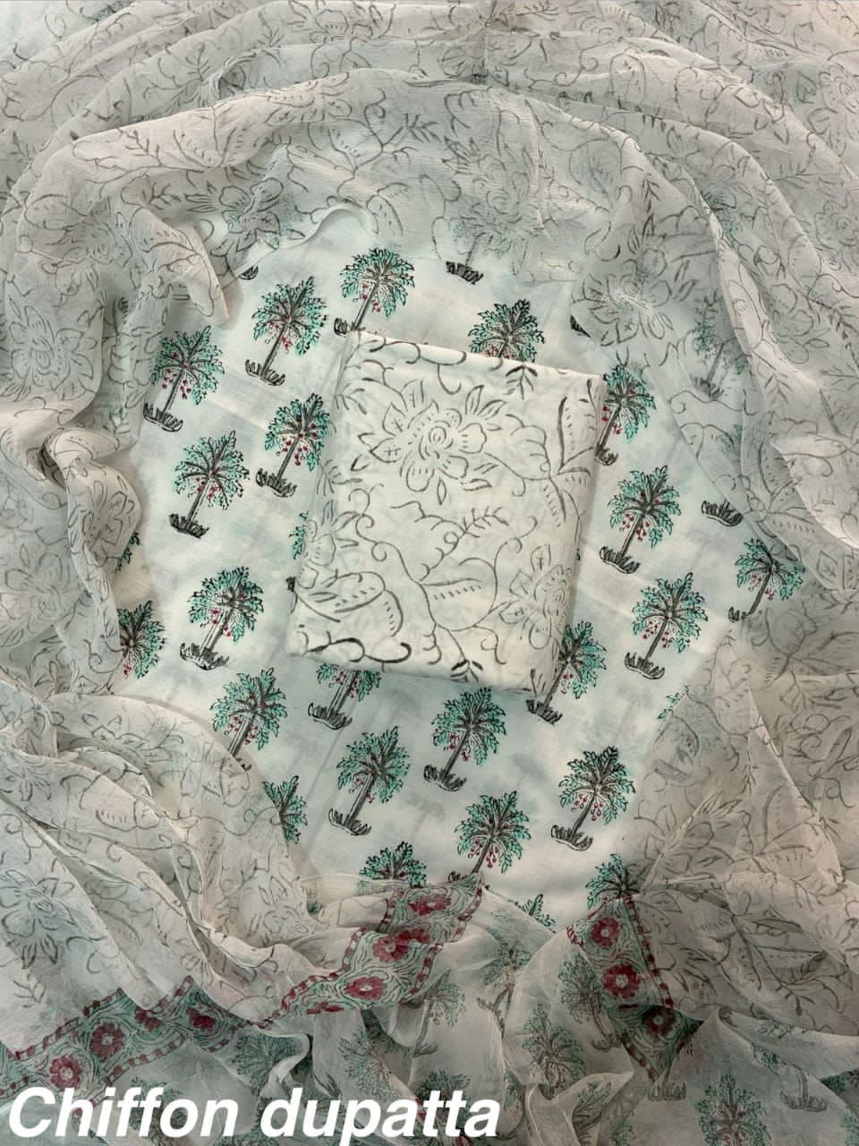 Pure Cotton Hand Block Print Unstitched Suit With Chiffon Dupatta.