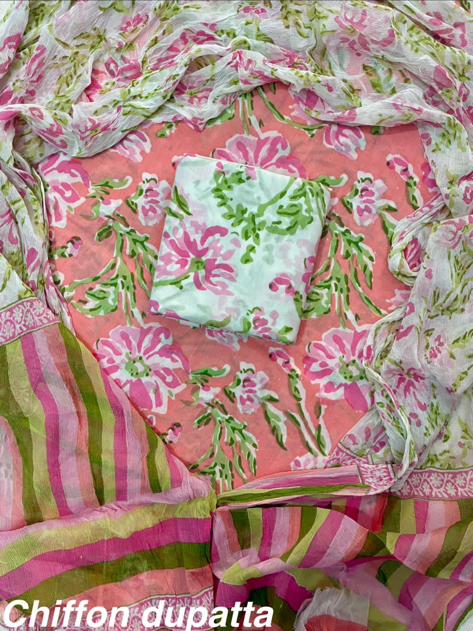 Pure Cotton Hand Block Print Unstitched Suit With Chiffon Dupatta.