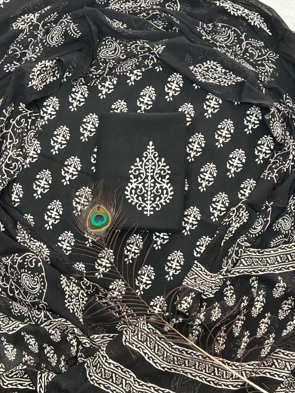 Pure Cotton Hand Block Print Unstitched Suit With Chiffon Dupatta.
