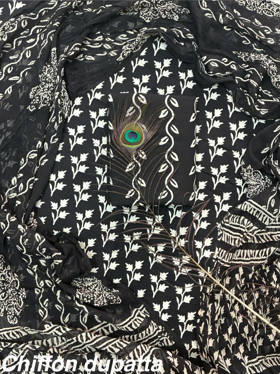 Pure Cotton Hand Block Print Unstitched Suit With Chiffon Dupatta.