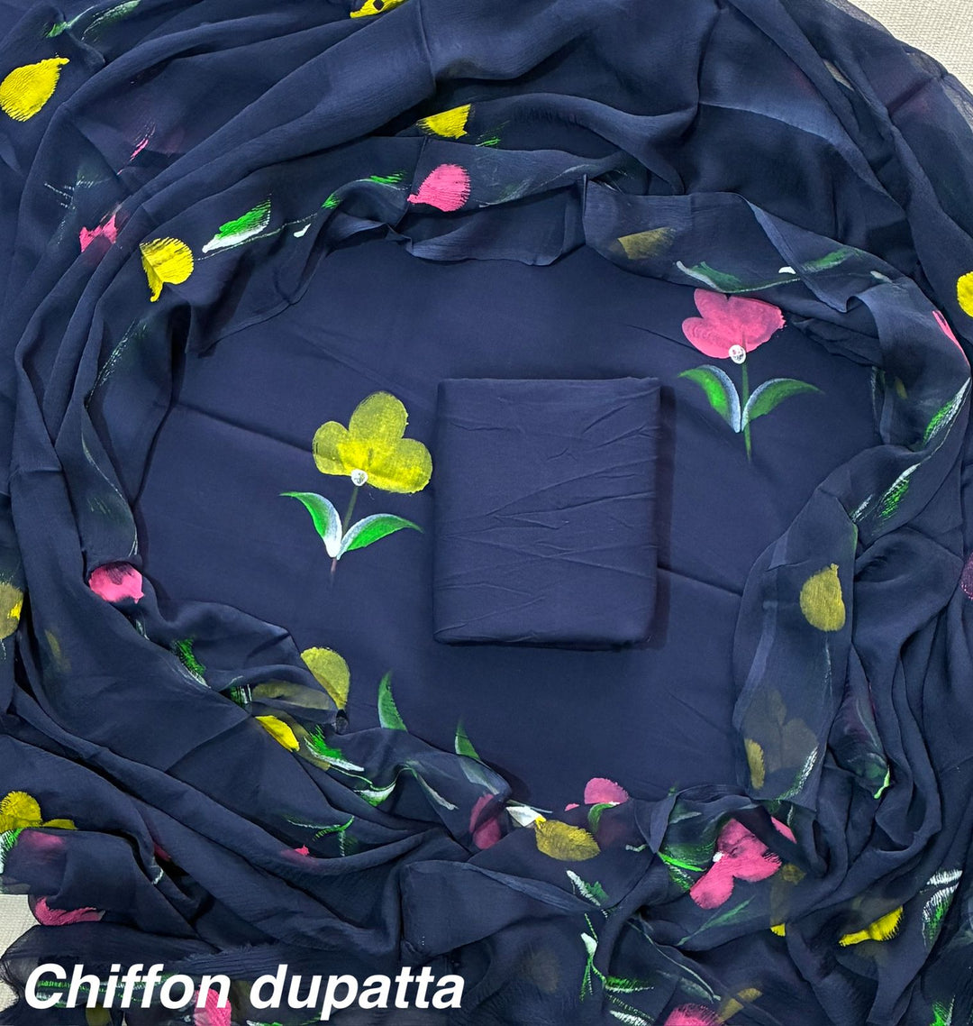 Pure Cotton Hand Block Print Unstitched Suit With Chiffon Dupatta.