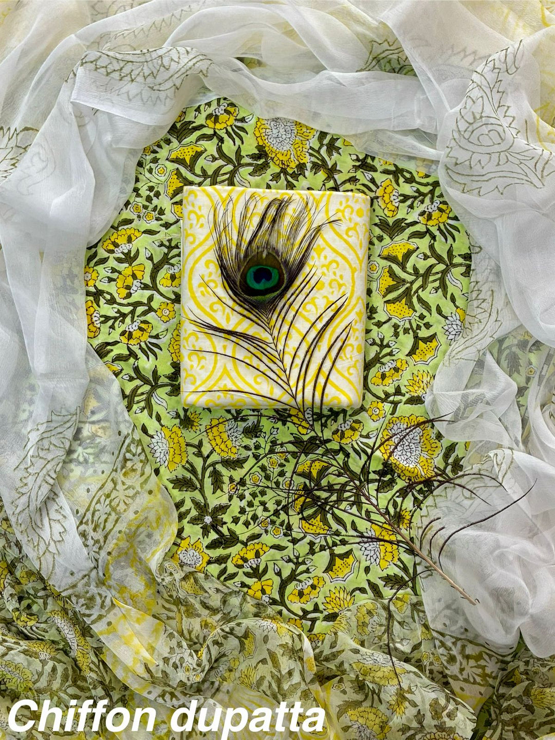 Pure Cotton Hand Block Print Unstitched Suit With Chiffon Dupatta.