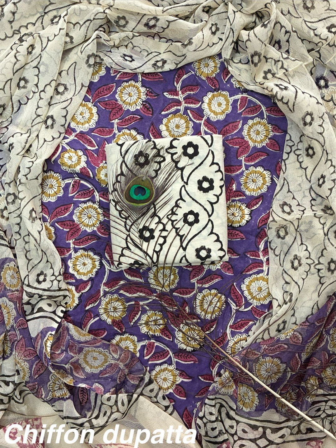 Pure Cotton Hand Block Print Unstitched Suit With Chiffon Dupatta.