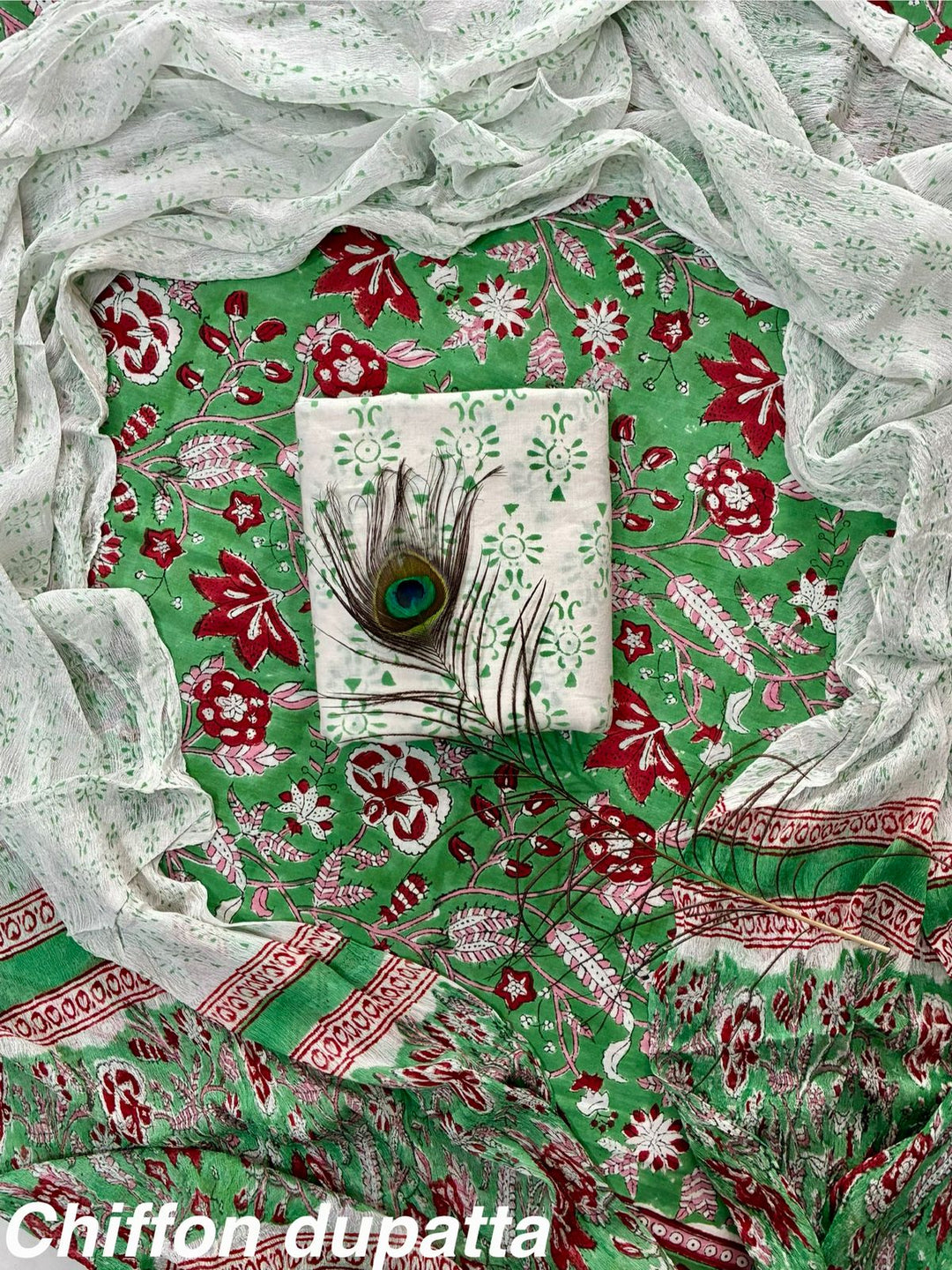 Pure Cotton Hand Block Print Unstitched Suit With Chiffon Dupatta.
