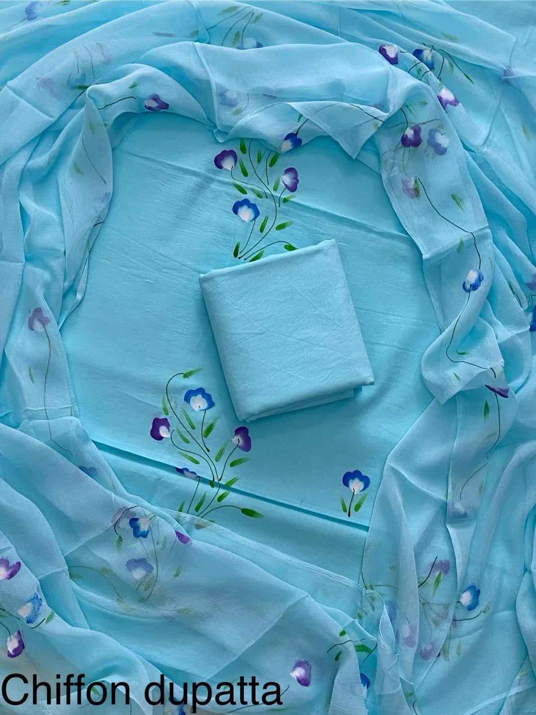 Pure Cotton Hand Block Print Unstitched Suit With Chiffon Dupatta.