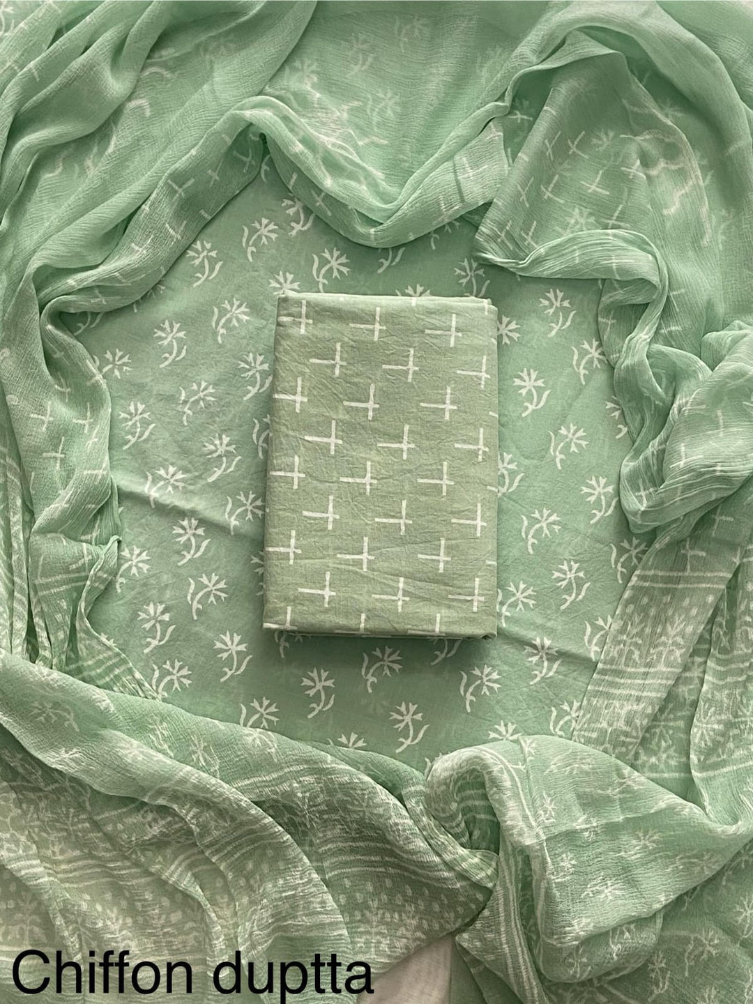 Pure Cotton Hand Block Print Unstitched Suit With Chiffon Dupatta.