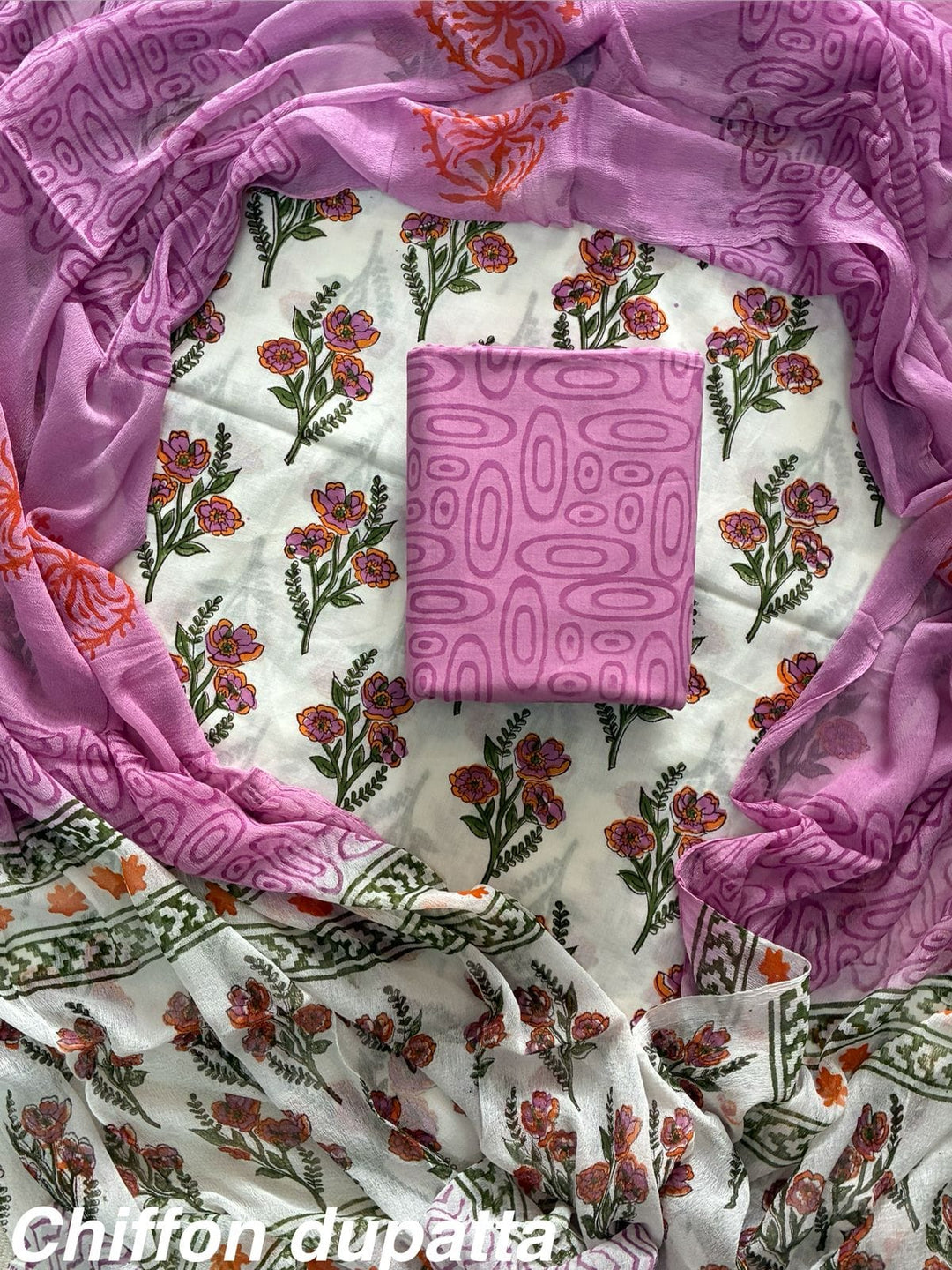 Pure Cotton Hand Block Print Unstitched Suit With Chiffon Dupatta.