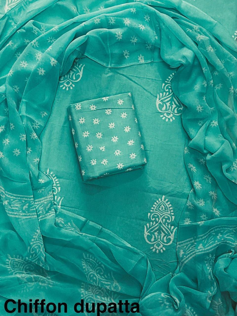 Pure Cotton Hand Block Print Unstitched Suit With Chiffon Dupatta .