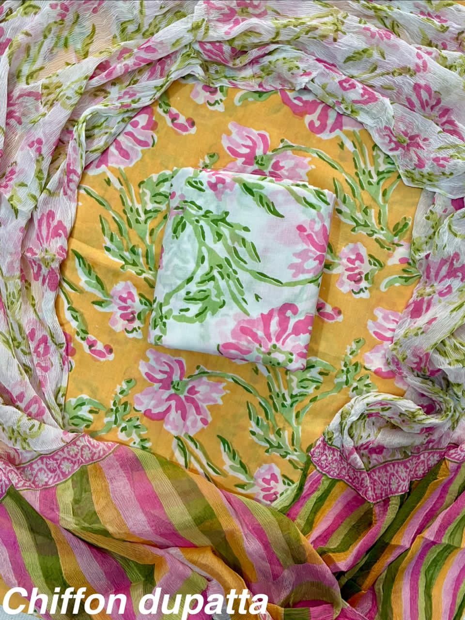 Pure Cotton Hand Block Print Unstitched Suit With Chiffon Dupatta .