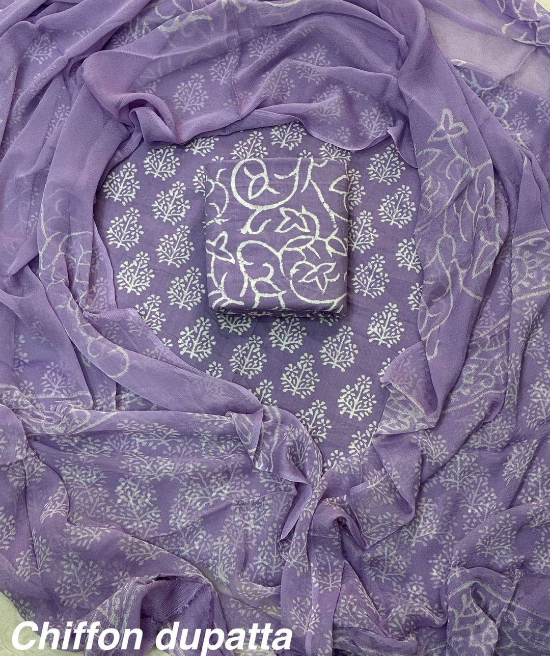Pure Cotton Hand Block Print Unstitched Suit With Chiffon Dupatta .