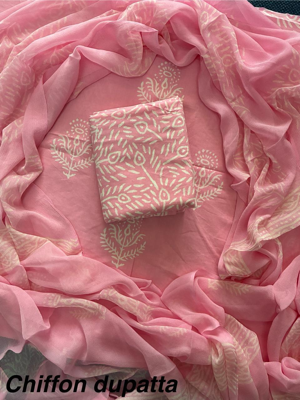 Pure Cotton Hand Block Print Unstitched Suit With Chiffon Dupatta .