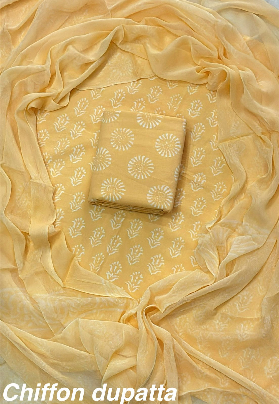 Pure Cotton Hand Block Print Unstitched Suit With Chiffon Dupatta .