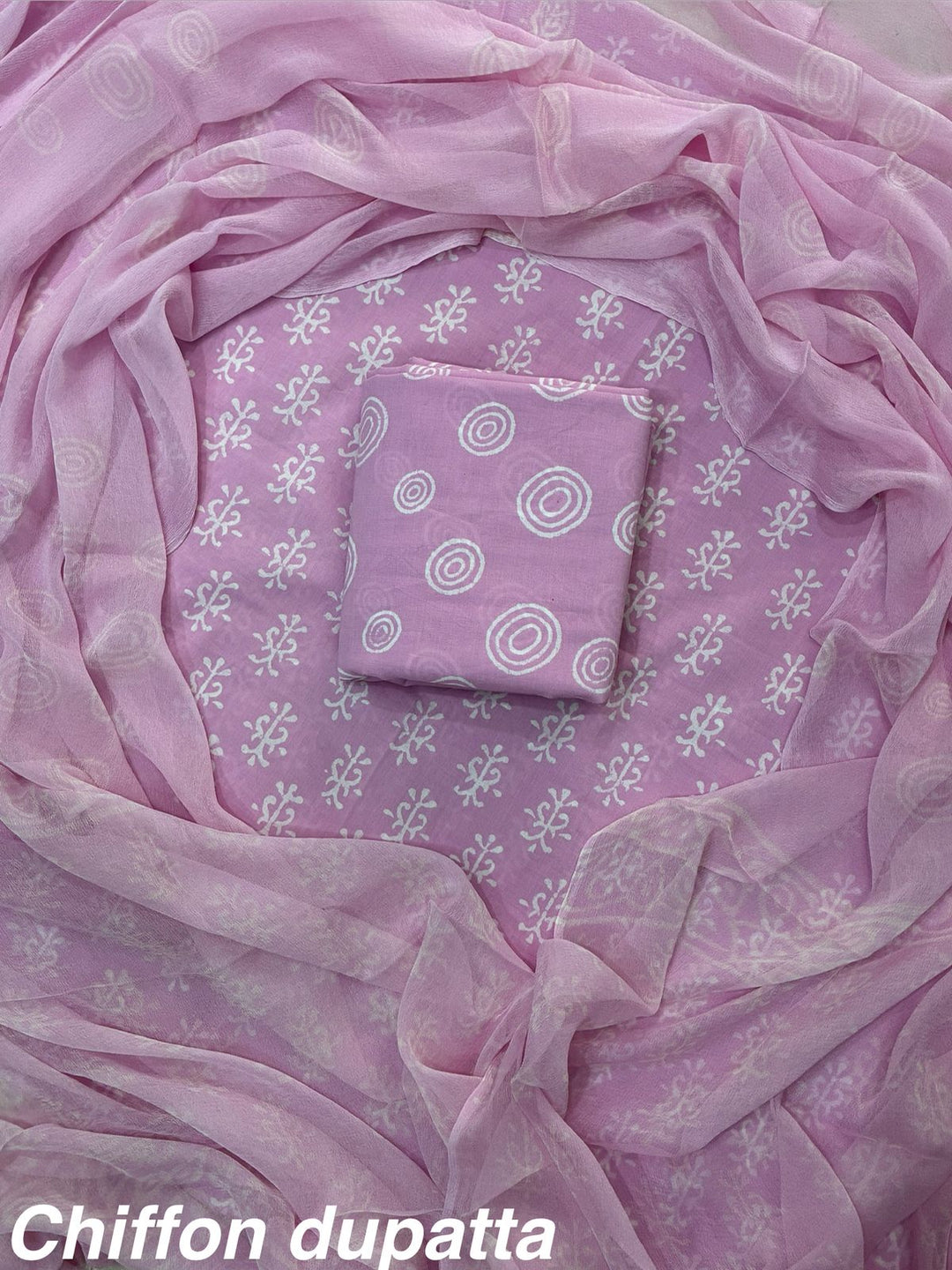 Pure Cotton Hand Block Print Unstitched Suit With Chiffon Dupatta .