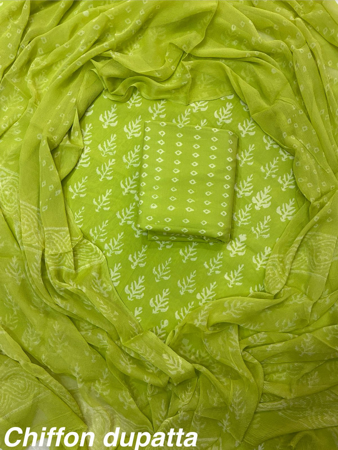 Pure Cotton Hand Block Print Unstitched Suit With Chiffon Dupatta .