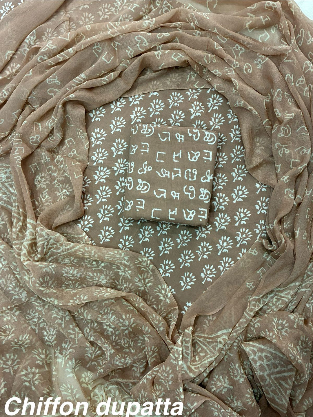 Pure Cotton Hand Block Print Unstitched Suit With Chiffon Dupatta .