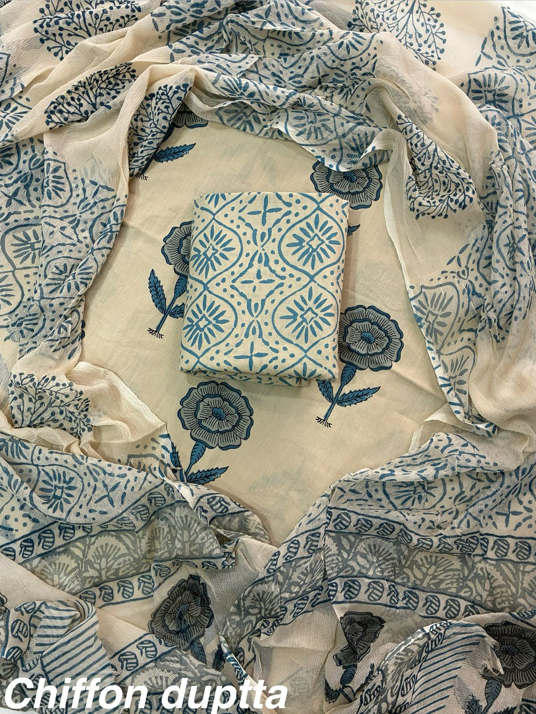 Pure Cotton Hand Block Print Unstitched Suit With Chiffon Dupatta .
