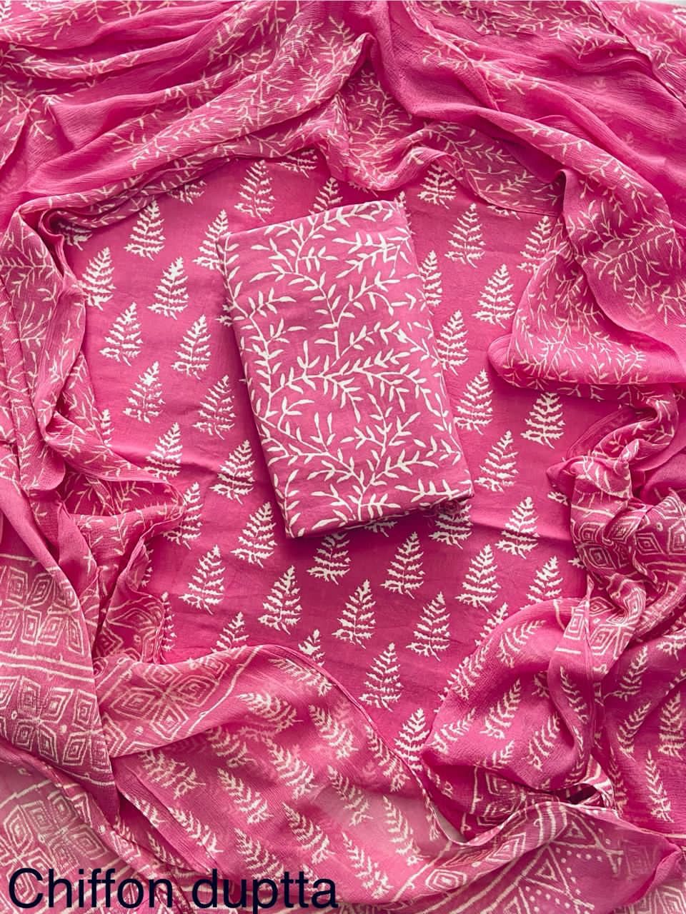 Pure Cotton Hand Block Print Unstitched Suit With Chiffon Dupatta .