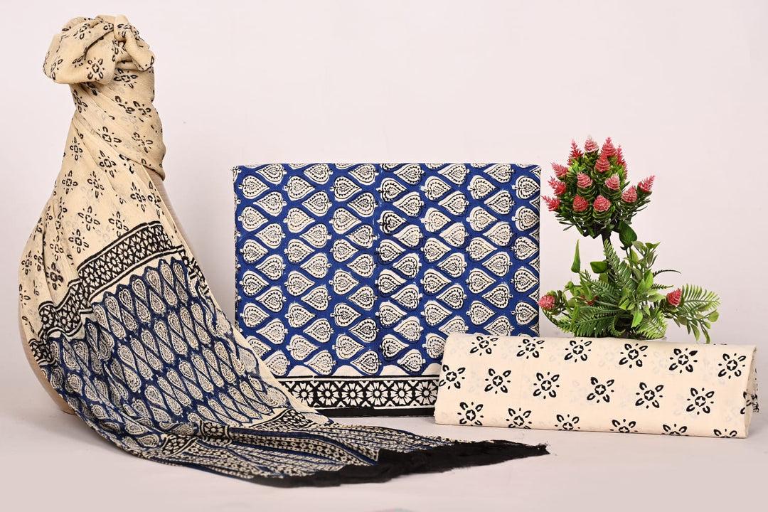 Pure Cotton Hand Block Print Unstitched Suit With Chiffon Dupatta .