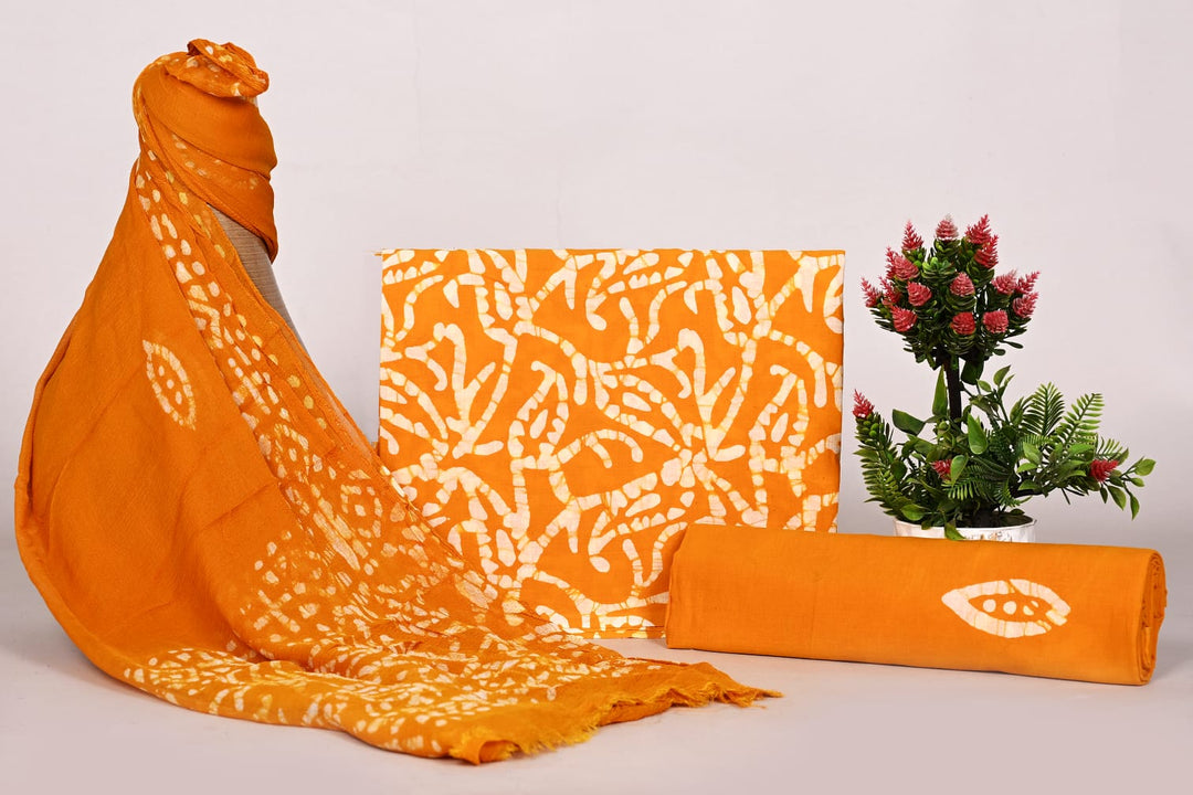 Pure Cotton Hand Block Print Unstitched Suit With Chiffon Dupatta .