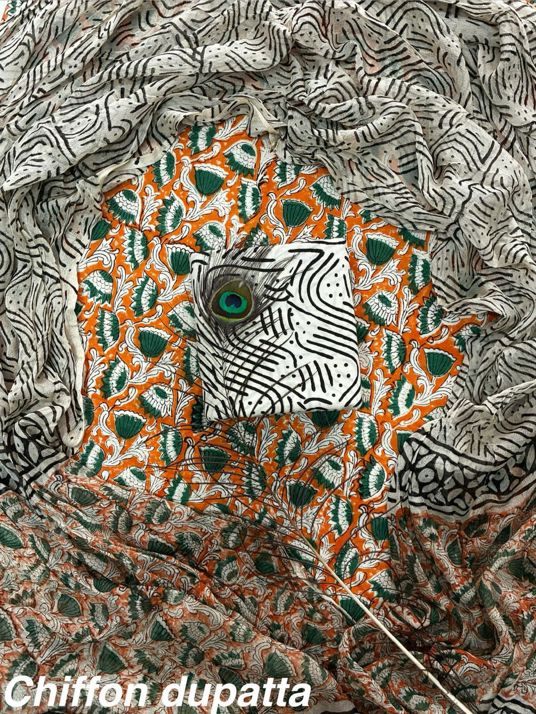Pure Cotton Hand Block Print Unstitched Suit With Chiffon Dupatta .