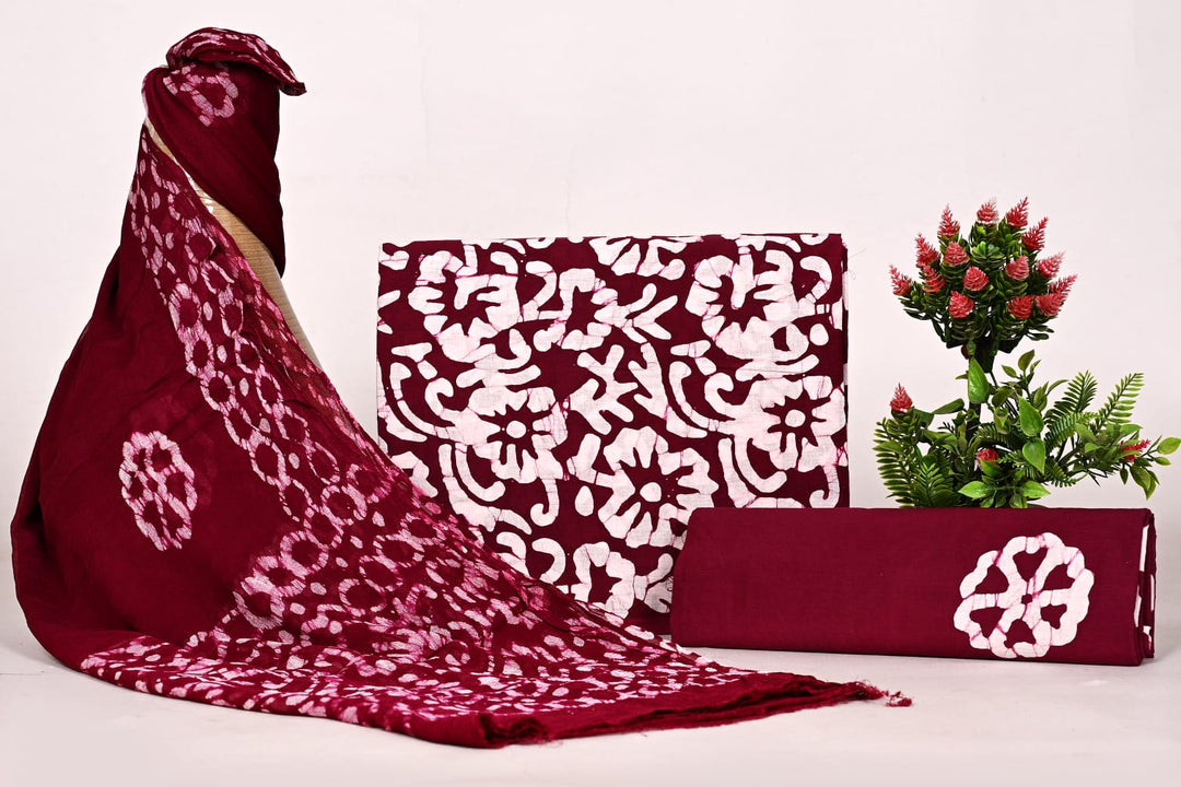 Pure Cotton Hand Block Print Unstitched Suit With Chiffon Dupatta .