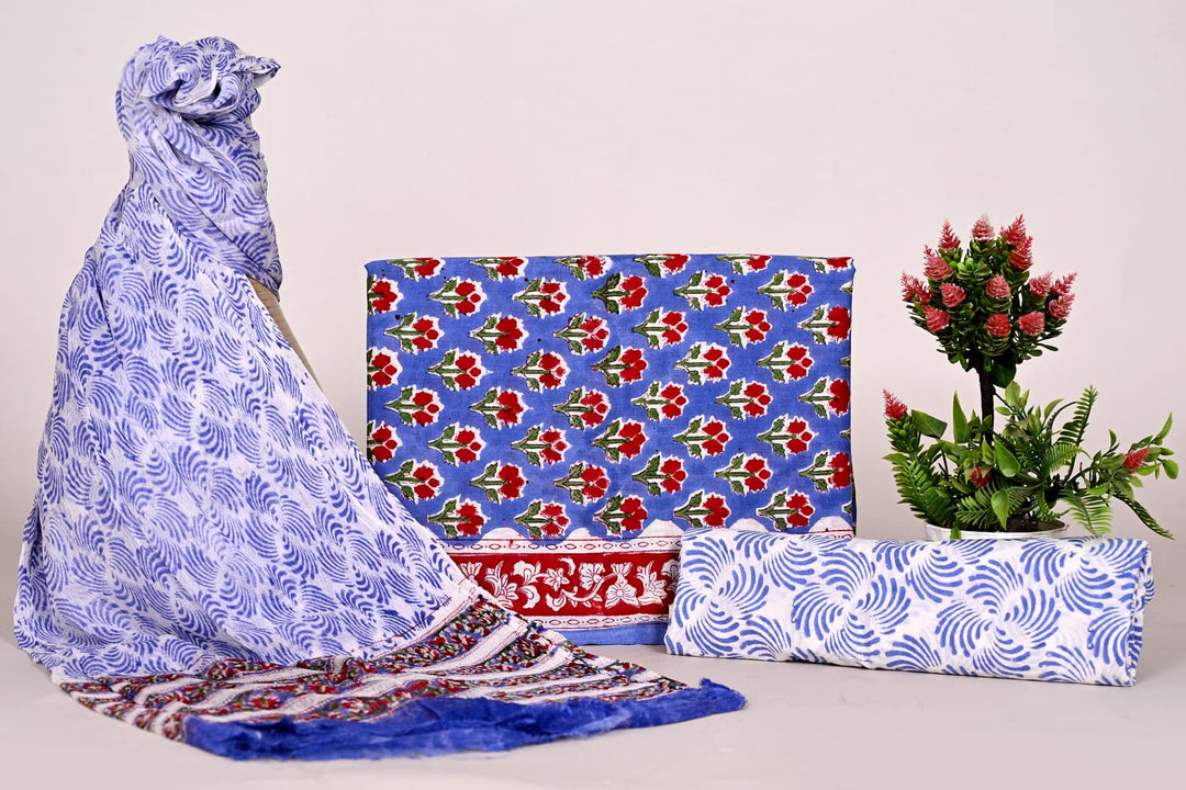 Pure Cotton Hand Block Print Unstitched Suit With Chiffon Dupatta .