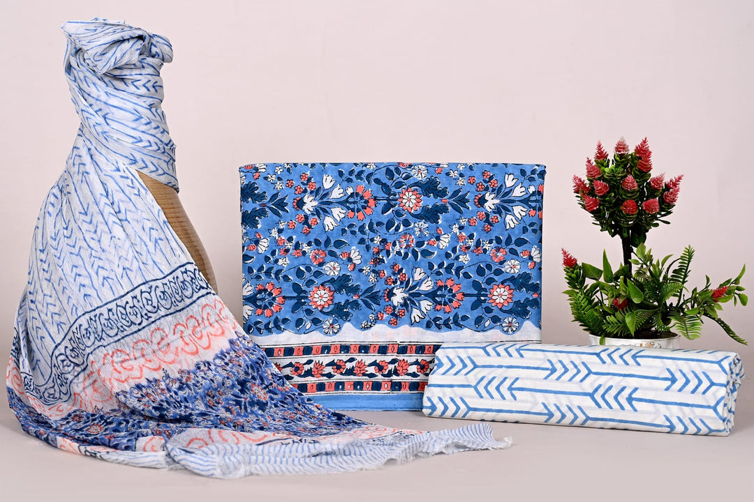 Pure Cotton Hand Block Print Unstitched Suit With Chiffon Dupatta .