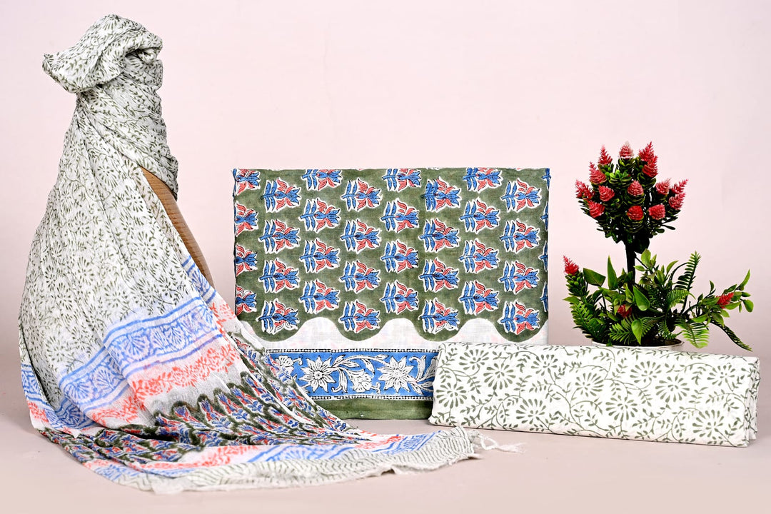 Pure Cotton Hand Block Print Unstitched Suit With Chiffon Dupatta .