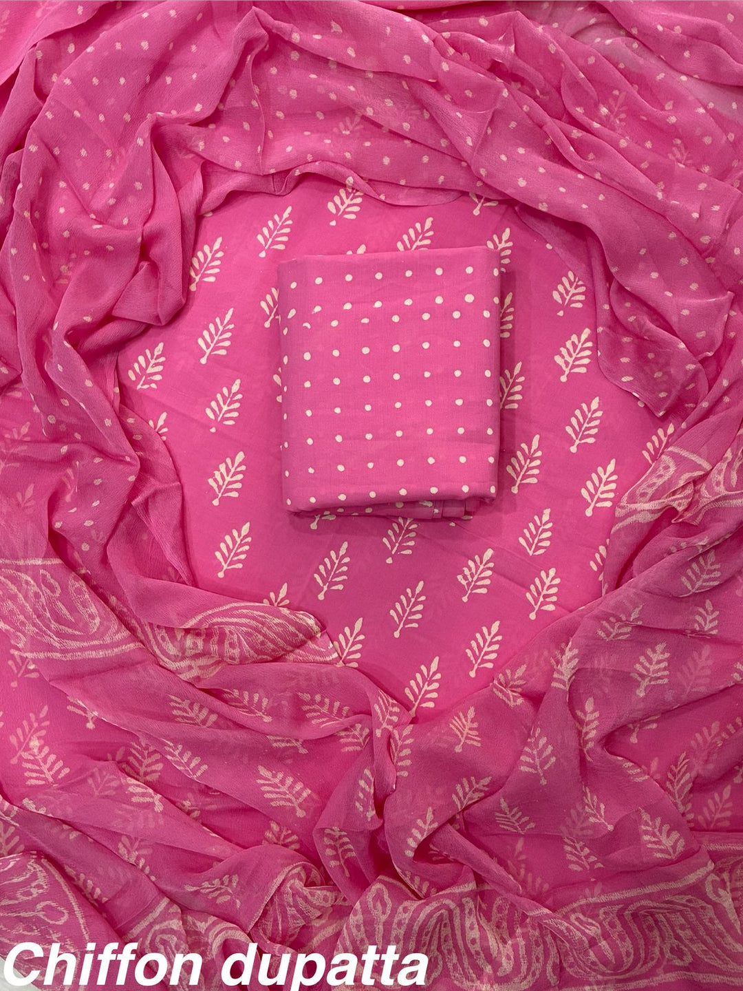 Pure Cotton Hand Block Print Unstitched Suit With Chiffon Dupatta .