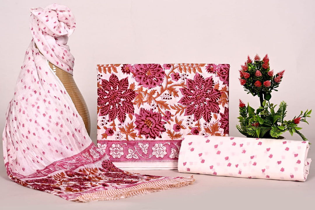 Pure Cotton Hand Block Print Unstitched Suit With Chiffon Dupatta .