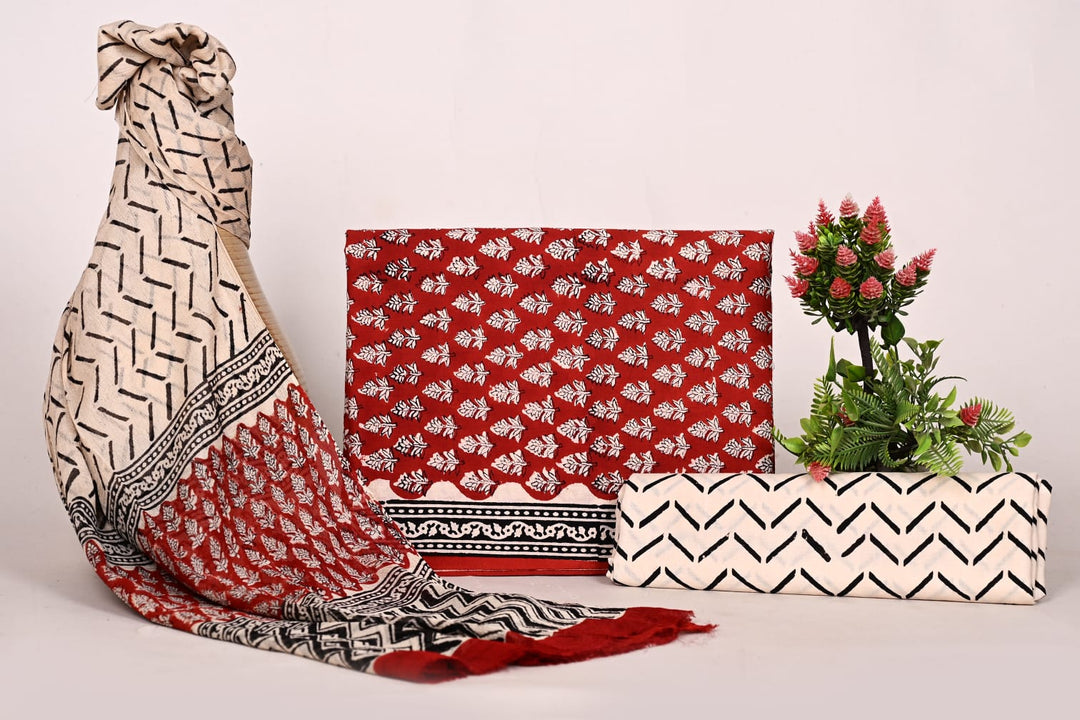 Pure Cotton Hand Block Print Unstitched Suit With Chiffon Dupatta .