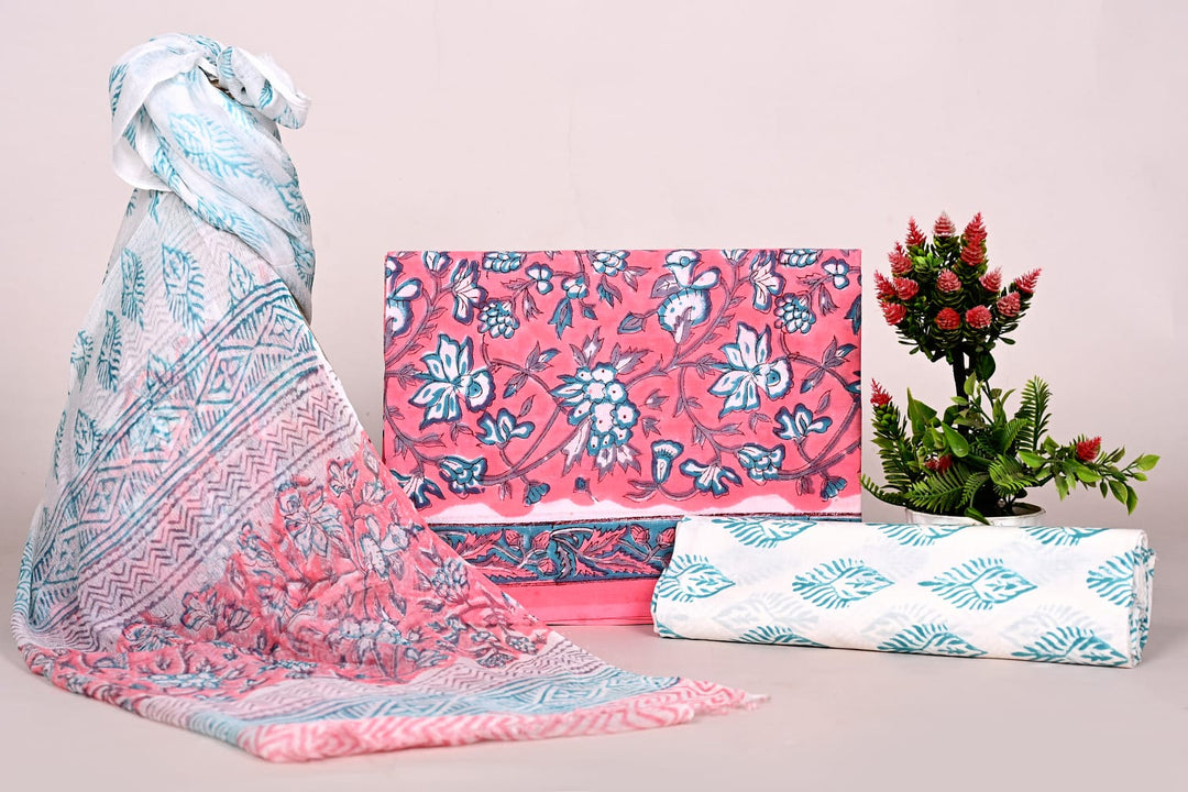 Pure Cotton Hand Block Print Unstitched Suit With Chiffon Dupatta .
