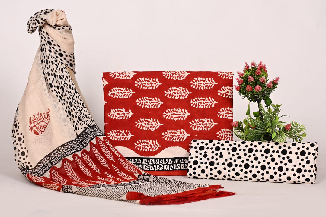 Pure Cotton Hand Block Print Unstitched Suit With Chiffon Dupatta .