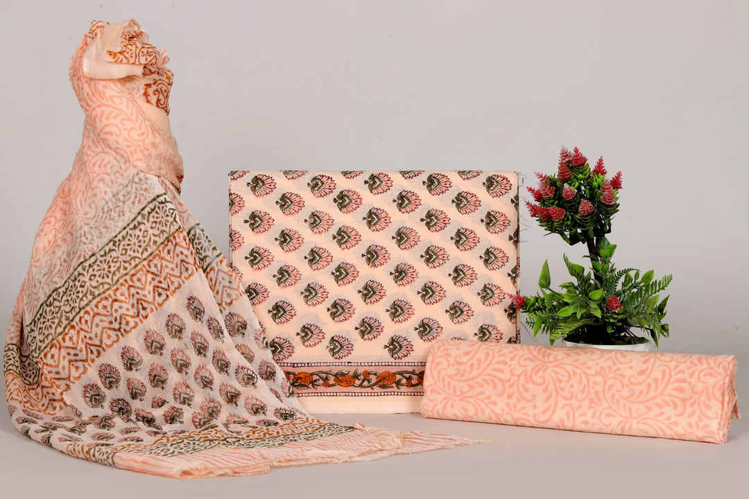 Pure Cotton Hand Block Print Unstitched Suit With Chiffon Dupatta .