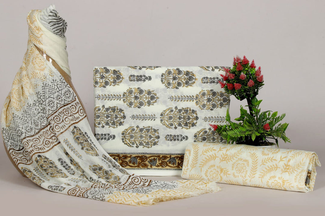 Pure Cotton Hand Block Print Unstitched Suit With Chiffon Dupatta .