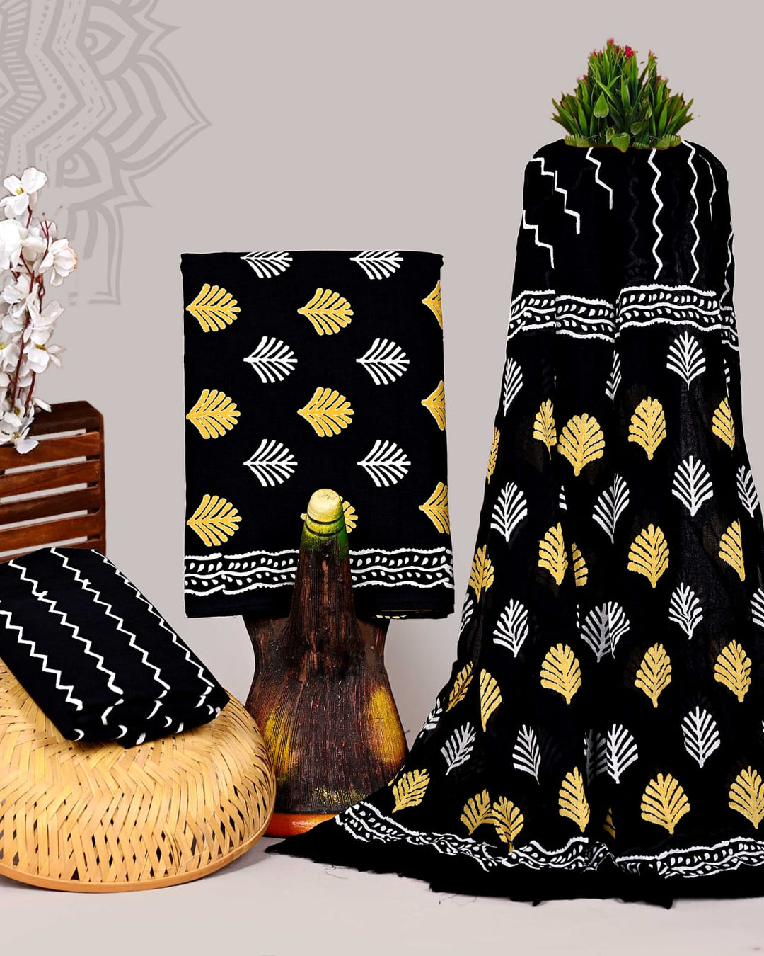 Pure Cotton Hand Block Print Unstitched Suit With Cotton Dupatta .