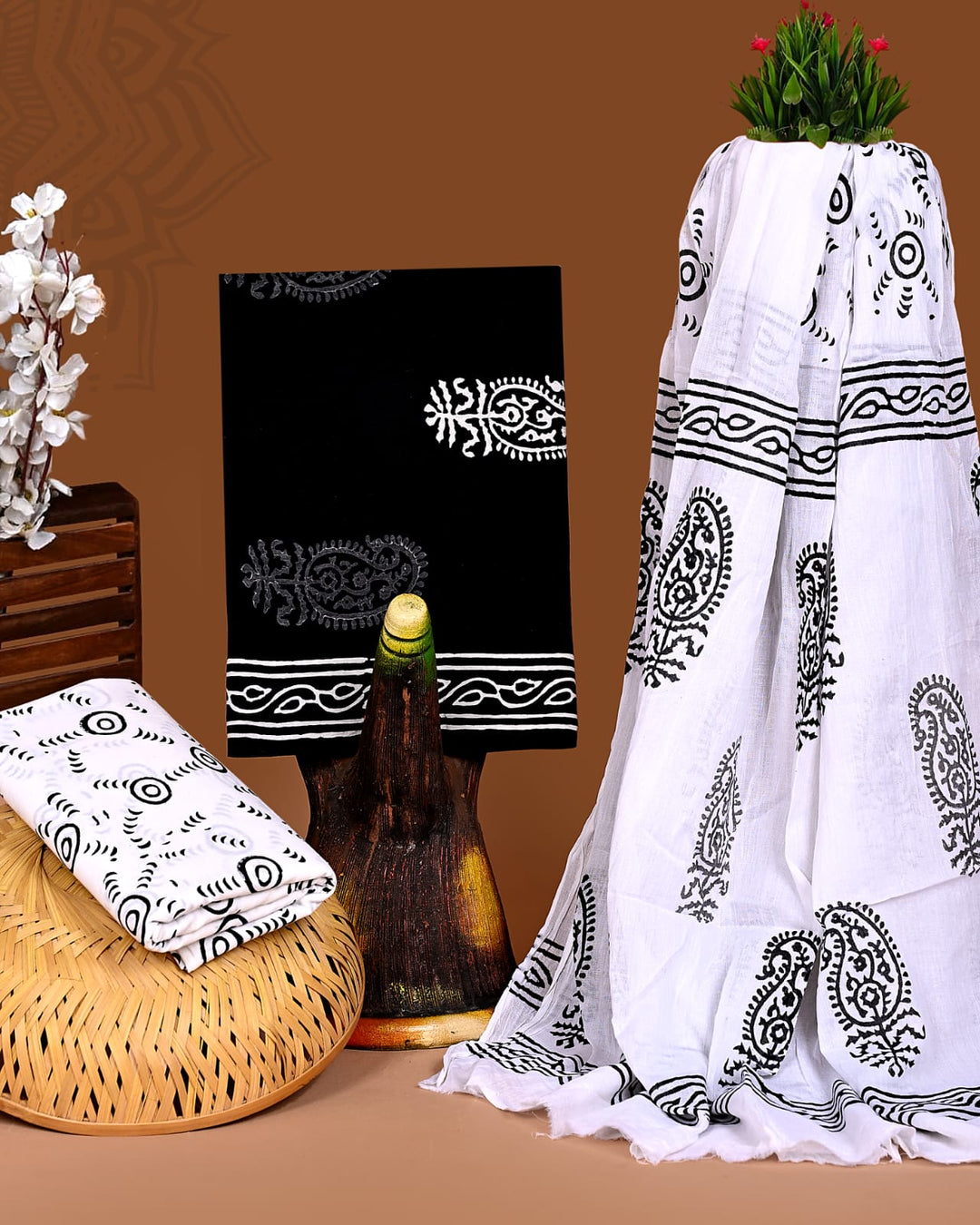 Pure Cotton Hand Block Print Unstitched Suit With Cotton Dupatta .