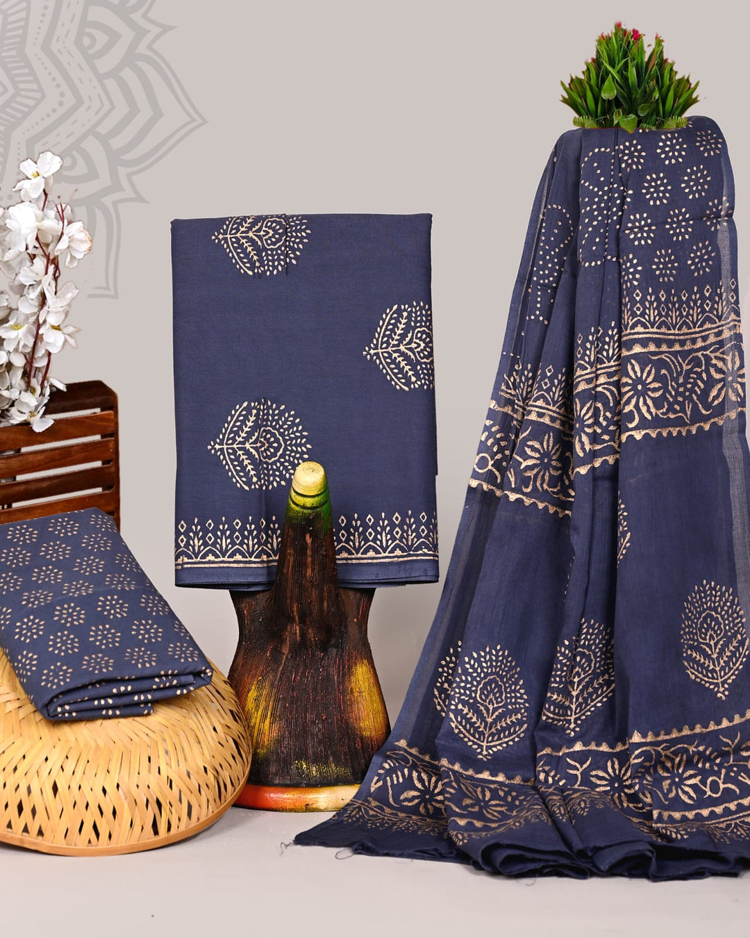 Pure Cotton Hand Block Print Unstitched Suit With Cotton Dupatta .