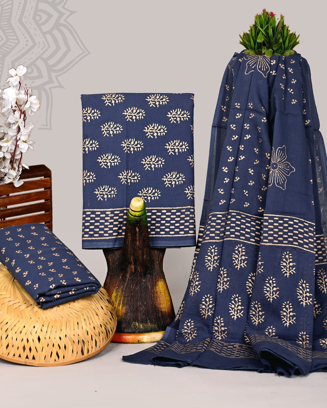 Pure Cotton Hand Block Print Unstitched Suit With Cotton Dupatta .
