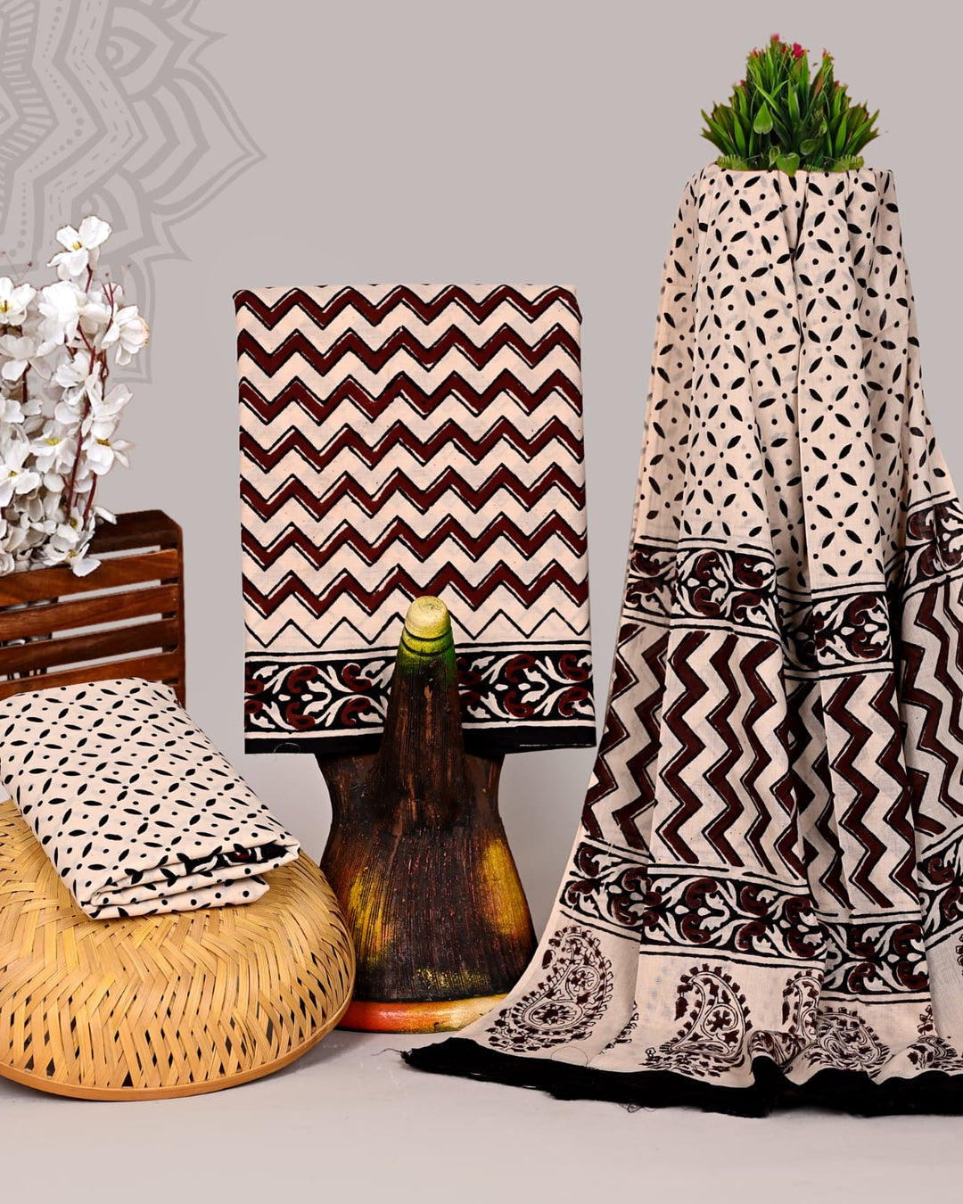 Pure Cotton Hand Block Print Unstitched Suit With Cotton Dupatta .