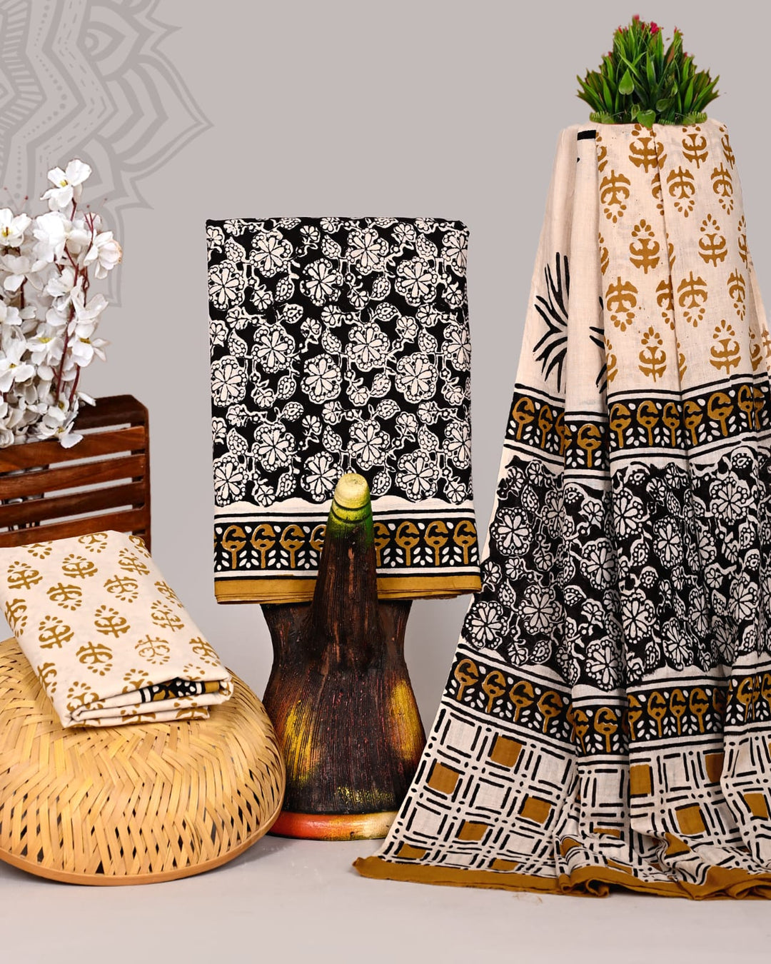 Pure Cotton Hand Block Print Unstitched Suit With Cotton Dupatta .