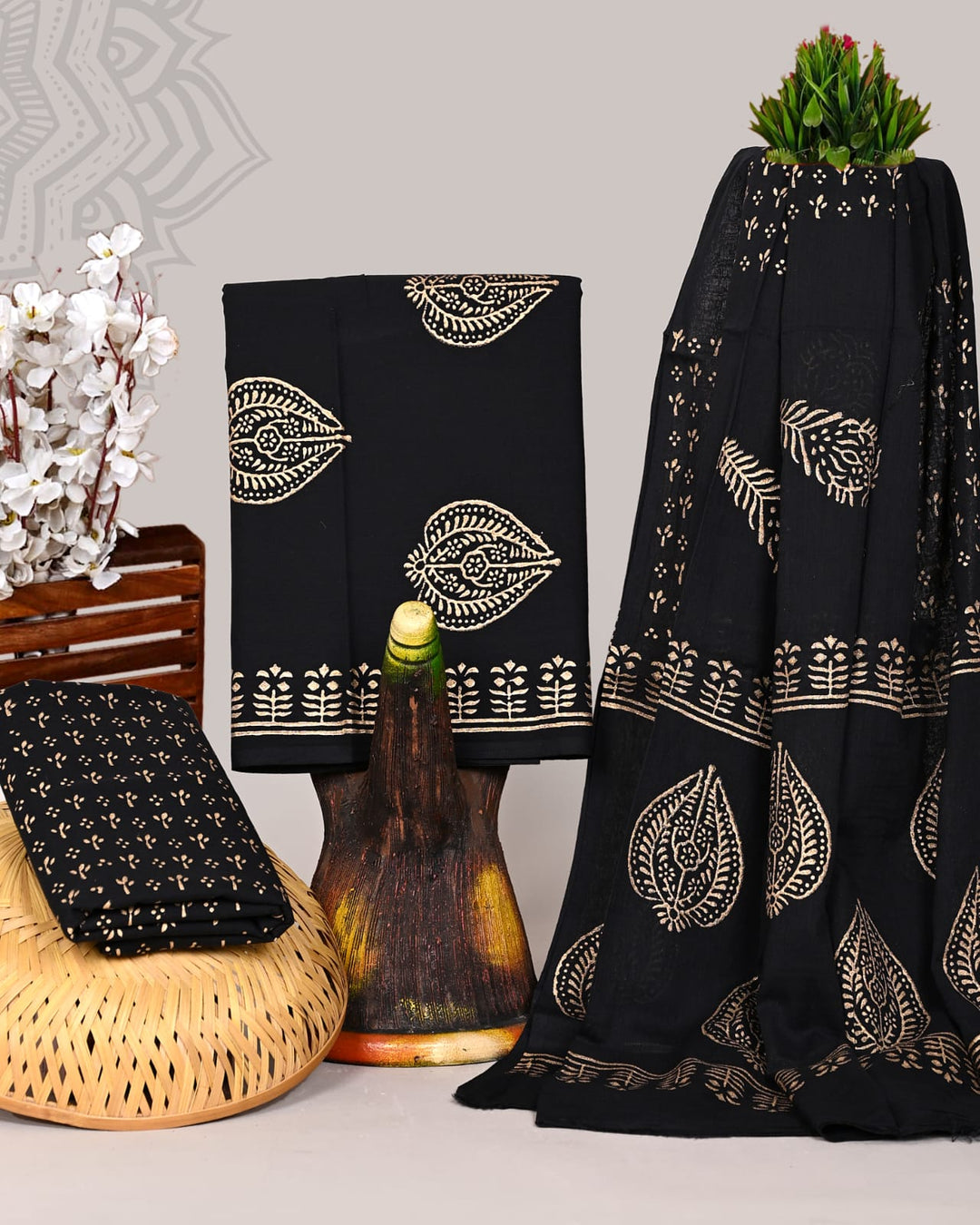 Pure Cotton Hand Block Print Unstitched Suit With Cotton Dupatta .