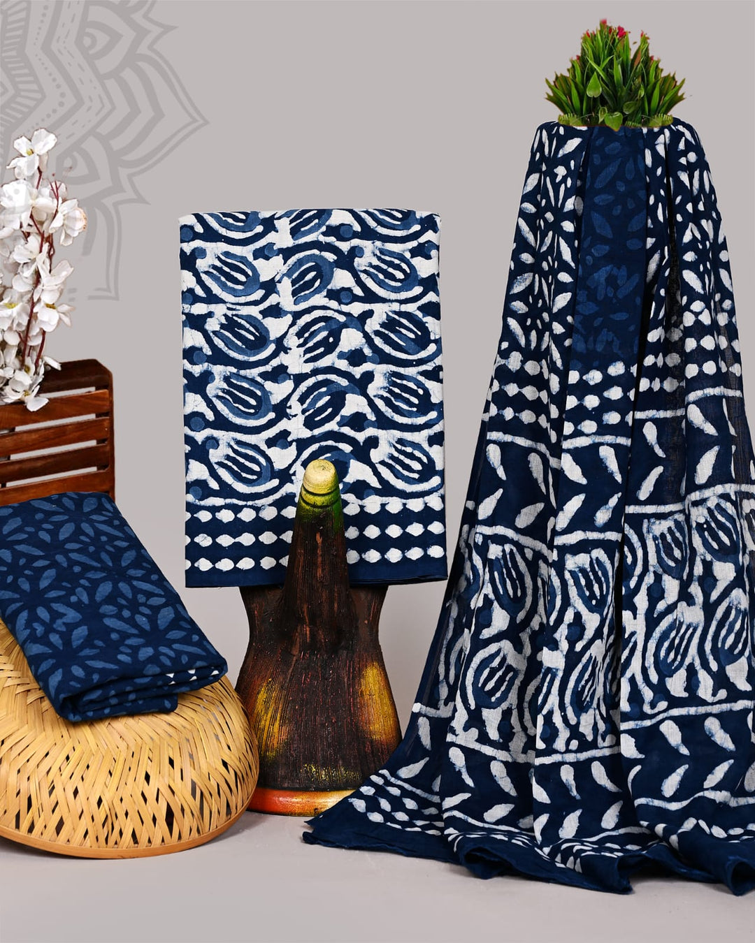 Pure Cotton Hand Block Print Unstitched Suit With Cotton Dupatta .