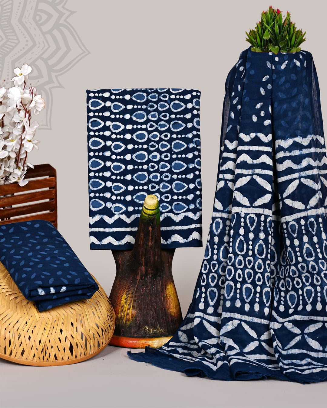 Pure Cotton Hand Block Print Unstitched Suit With Cotton Dupatta .