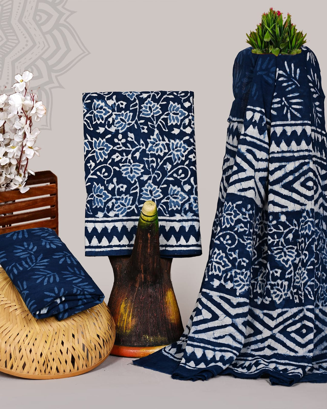 Pure Cotton Hand Block Print Unstitched Suit With Cotton Dupatta .